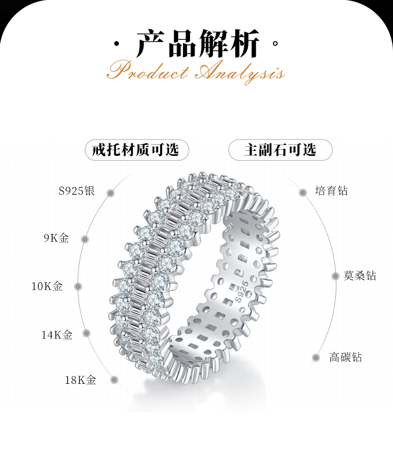 长方钻排戒S925银镀白金女戒定制选款副石莫桑钻3.8ct - 2