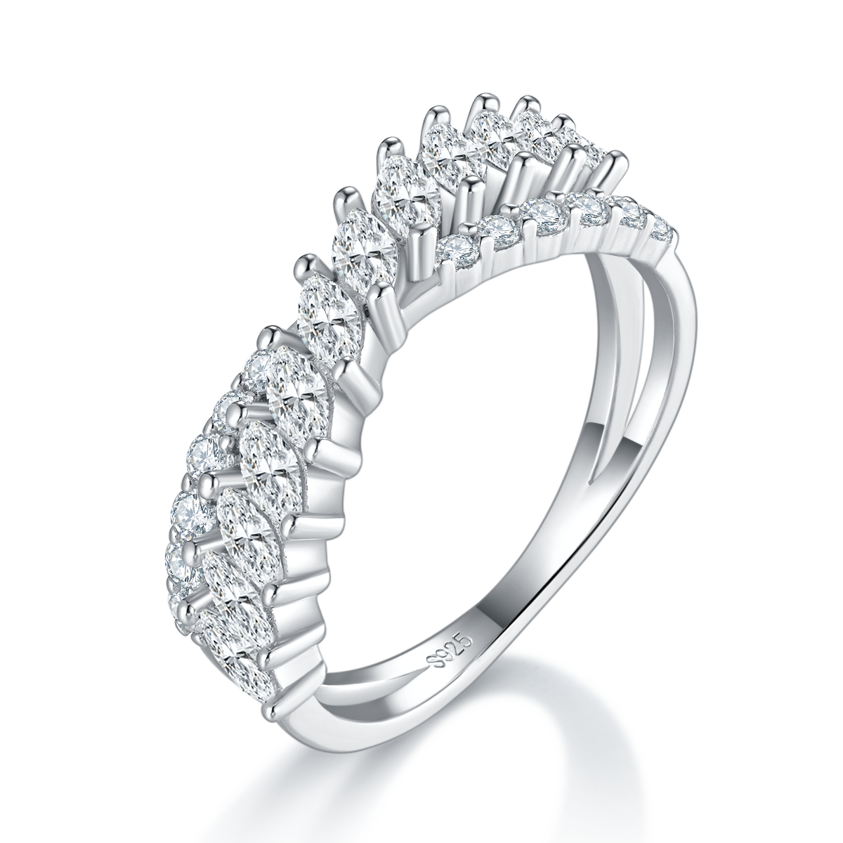 X字形满钻排戒S925银镀白金女戒定制选款副石莫桑钻1.45ct