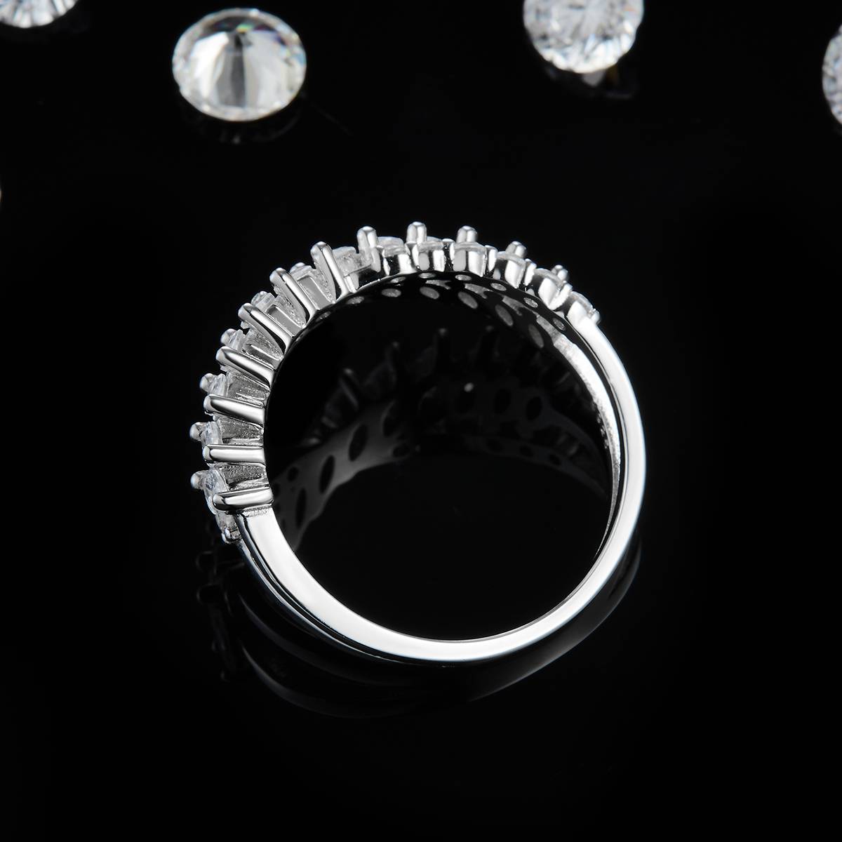 X字形满钻排戒S925银镀白金女戒定制选款副石莫桑钻1.45ct