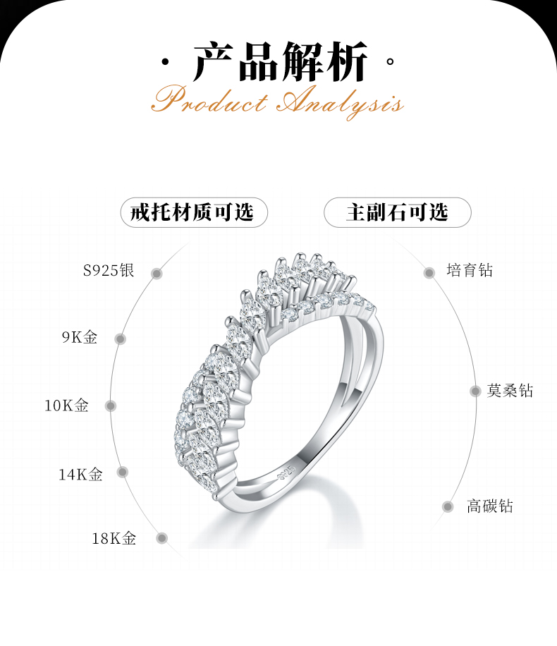 X字形满钻排戒S925银镀白金女戒定制选款副石莫桑钻1.45ct - 2