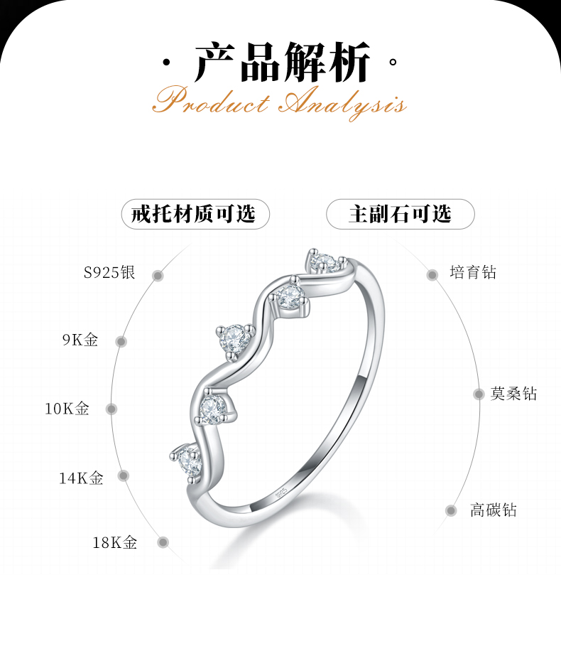 简约女戒S925银镀白金定制选款副石莫桑钻0.15ct - 2
