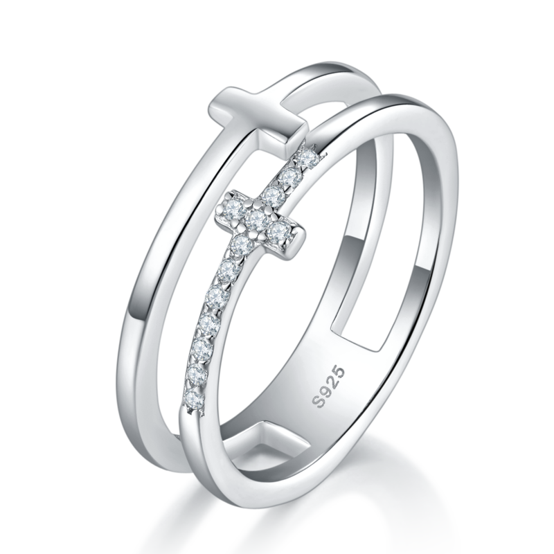 T形排戒S925银镀白金Women's Ring定制选款副石Moissanite0.1ct