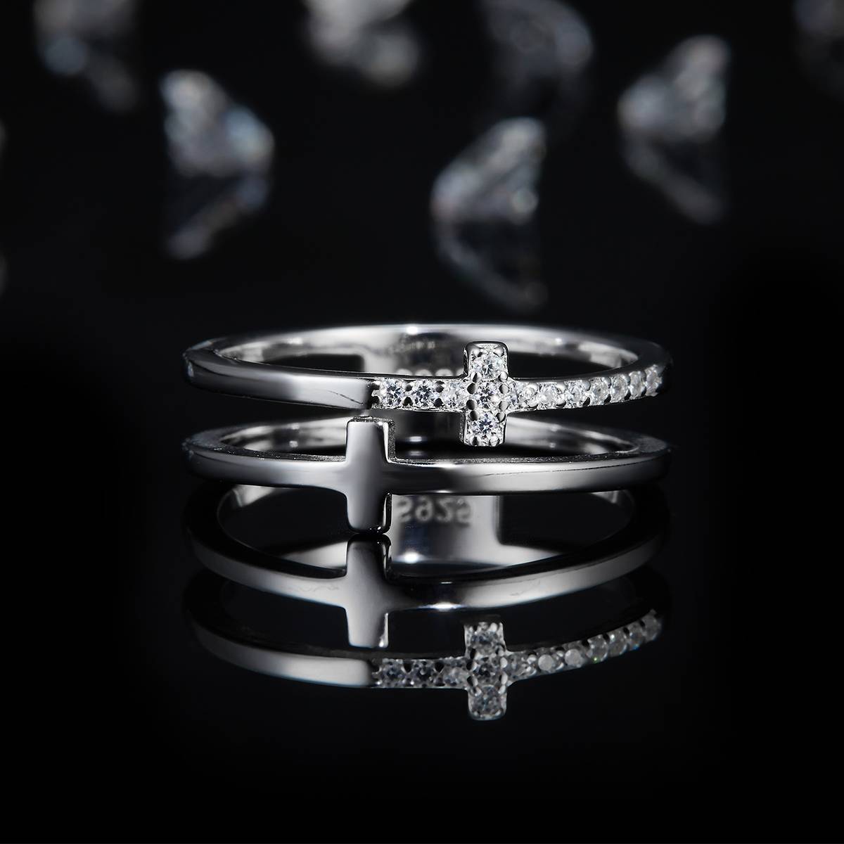 T-shaped S925 silver plated platinum women's ring custom selection Side Stone Moissanite 0.1ct