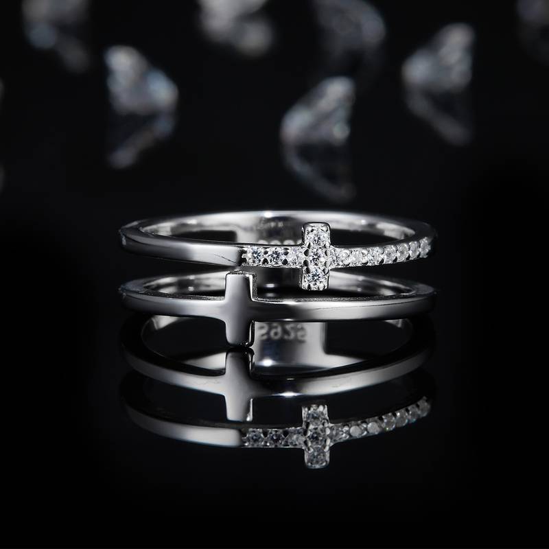 T形排戒S925银镀白金Women's Ring定制选款副石Moissanite0.1ct