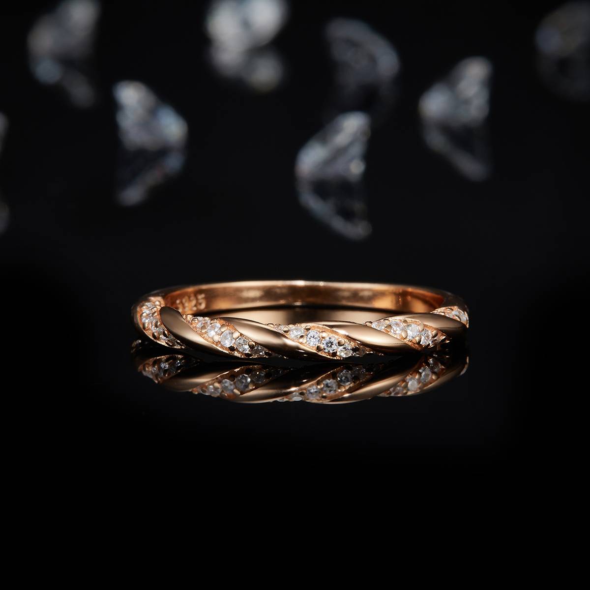 Twisted arm micro inlaid women's ring S925 silver plated rose gold custom selection Side Stone Moissanite 0.25ct