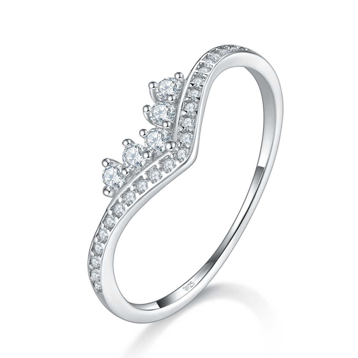 V形碎钻排戒S925银镀白金女戒定制选款副石莫桑钻0.36ct