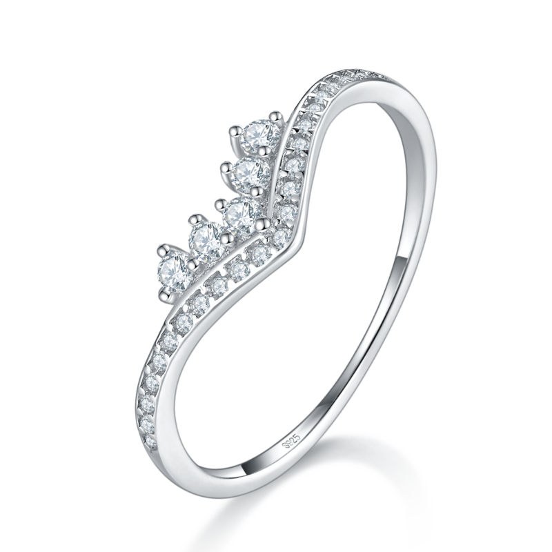 V形碎钻排戒S925银镀白金Women's Ring定制选款副石Moissanite0.36ct