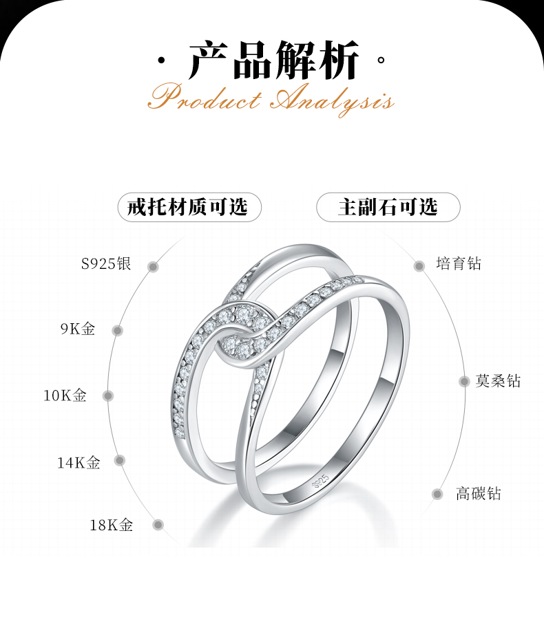 环扣排戒S925银镀白金女戒定制选款副石莫桑钻0.25ct - 2