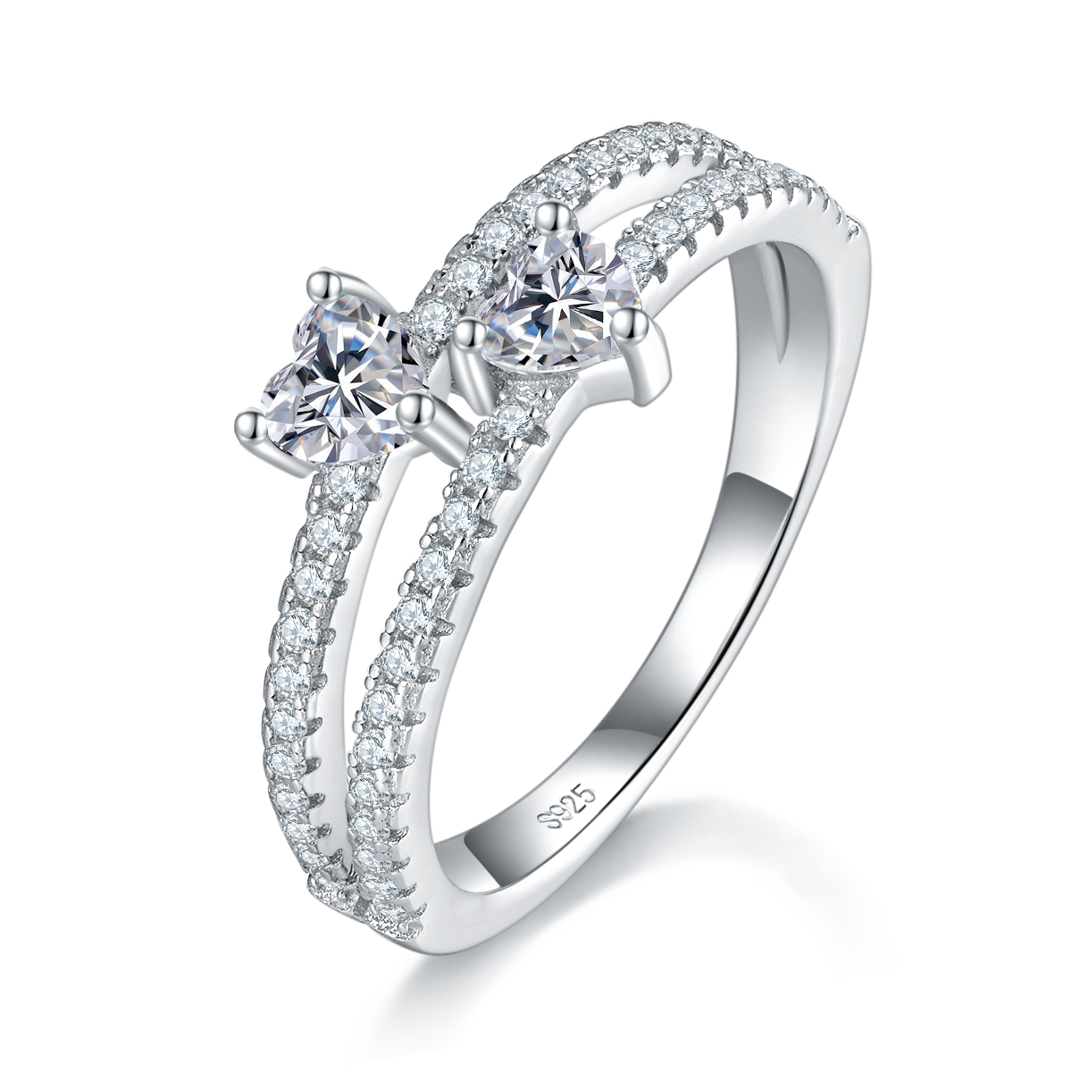 Heart Diamond Double Main Stone Women's Ring S925 Silver Plated Platinum Customized Selection Main Stone Moissanite 0.6ct/Side Stone Cubic Zirconia