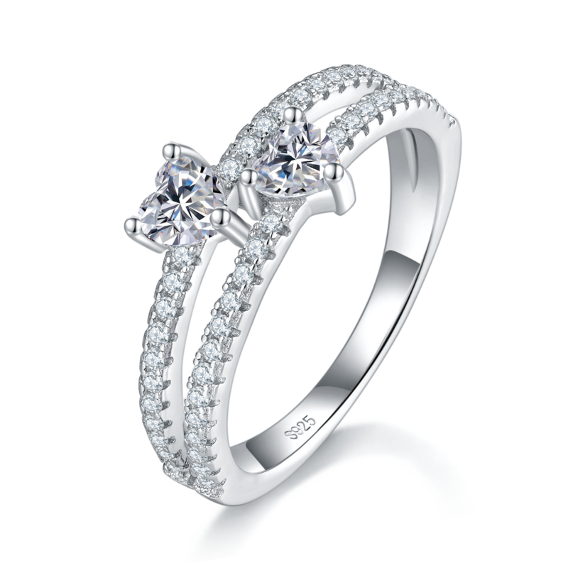 心形钻双主石Women's RingS925银镀白金定制选款主石Moissanite0.6ct/副石高碳钻