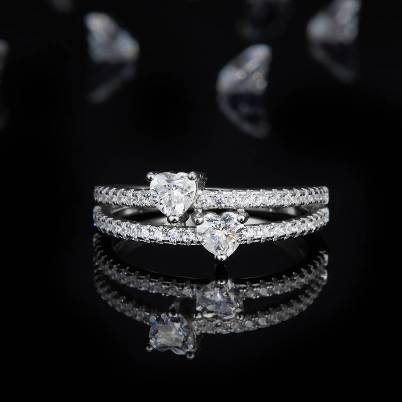 心形钻双主石Women's RingS925银镀白金定制选款主石Moissanite0.6ct/副石高碳钻