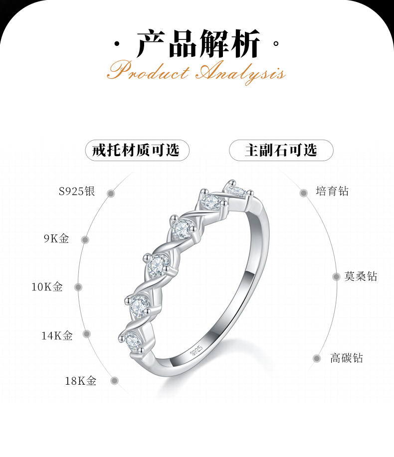 时尚排戒S925银镀白金女戒定制选款副石莫桑钻0.36ct - 2