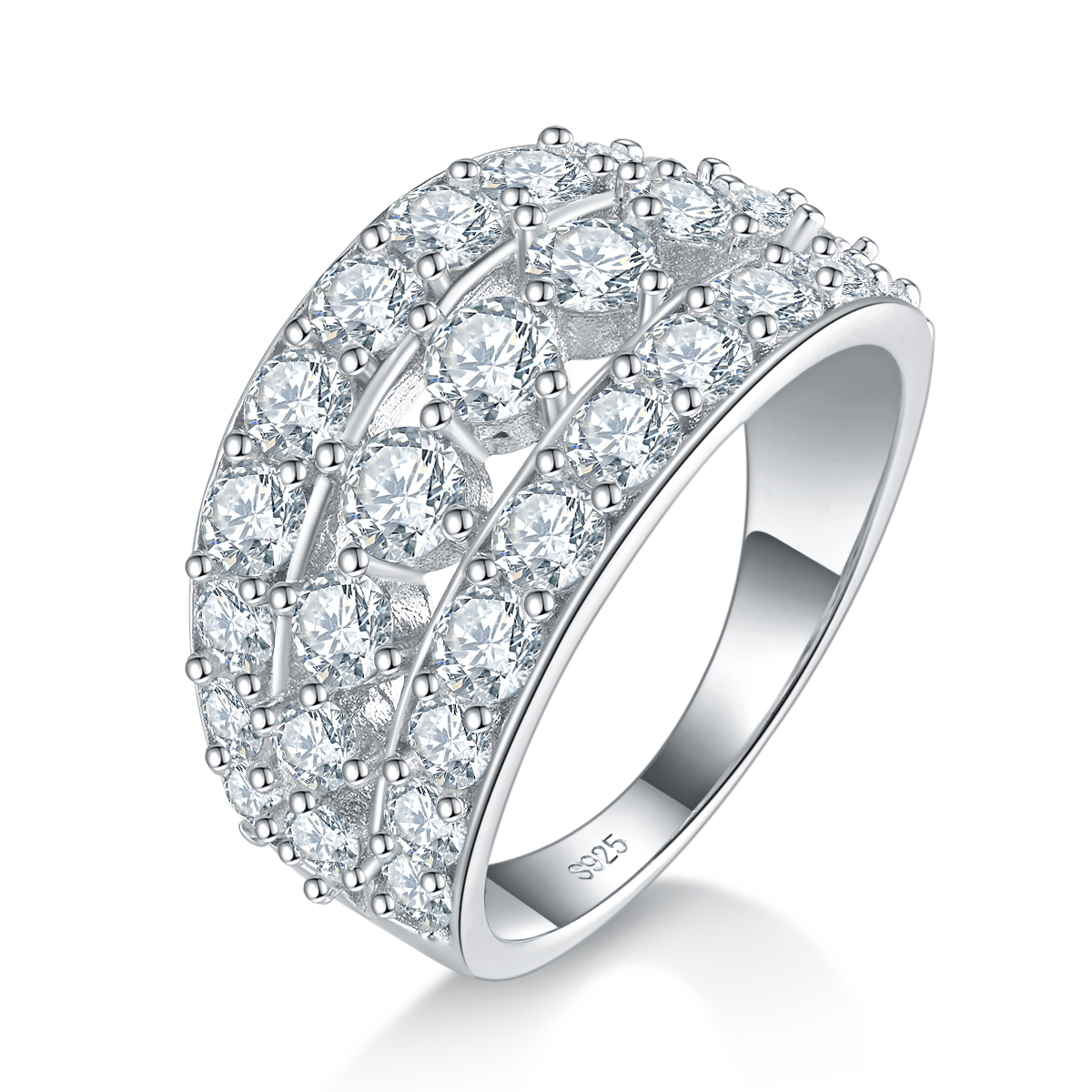 满钻豪镶排戒S925银镀白金女戒定制选款副石莫桑钻1.36ct