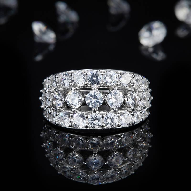 满钻豪镶排戒S925银镀白金Women's Ring定制选款副石Moissanite1.36ct