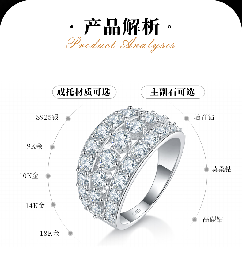 满钻豪镶排戒S925银镀白金女戒定制选款副石莫桑钻1.36ct - 2