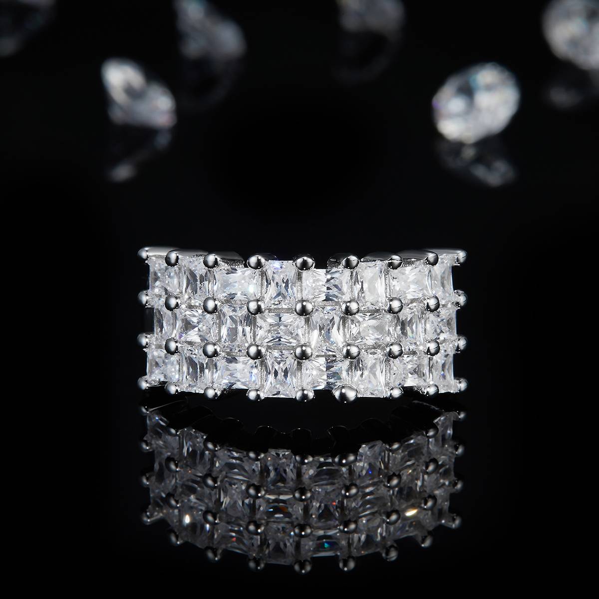 Square Diamond Full Diamond Row Ring S925 Silver Plated Platinum Women's Ring Customized Selection Side Stone Moissanite 9.9ct