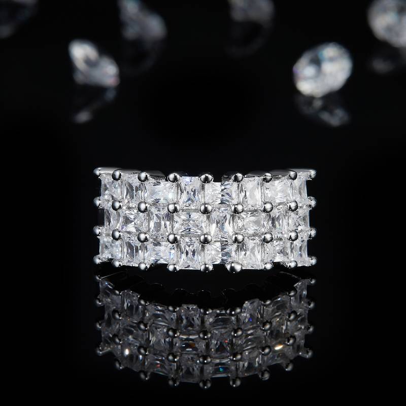 方钻满钻排戒S925银镀白金Women's Ring定制选款副石Moissanite9.9ct
