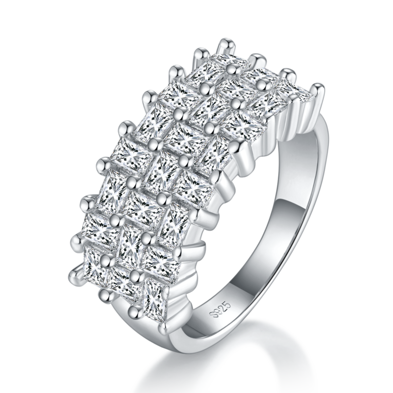 方钻满钻排戒S925银镀白金Women's Ring定制选款副石Moissanite9.9ct