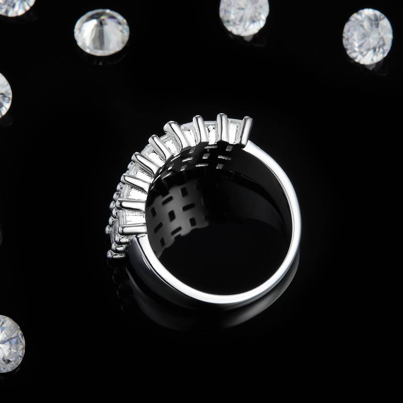 方钻满钻排戒S925银镀白金Women's Ring定制选款副石Moissanite9.9ct