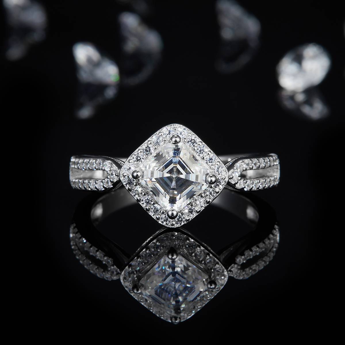 Light Luxury Square Diamond Women's Ring S925 Silver Plated Platinum Customized Selection Moissanite 1.0ct/Side Stone Cubic Zirconia
