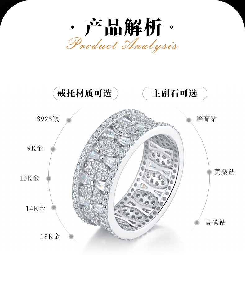 轻奢满钻排戒S925银镀白金女戒定制选款副石莫桑钻4.56ct - 2