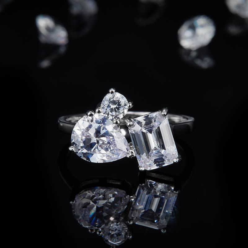双拼异形钻Women's RingS925银镀白金定制选款主副石Moissanite4.0ct