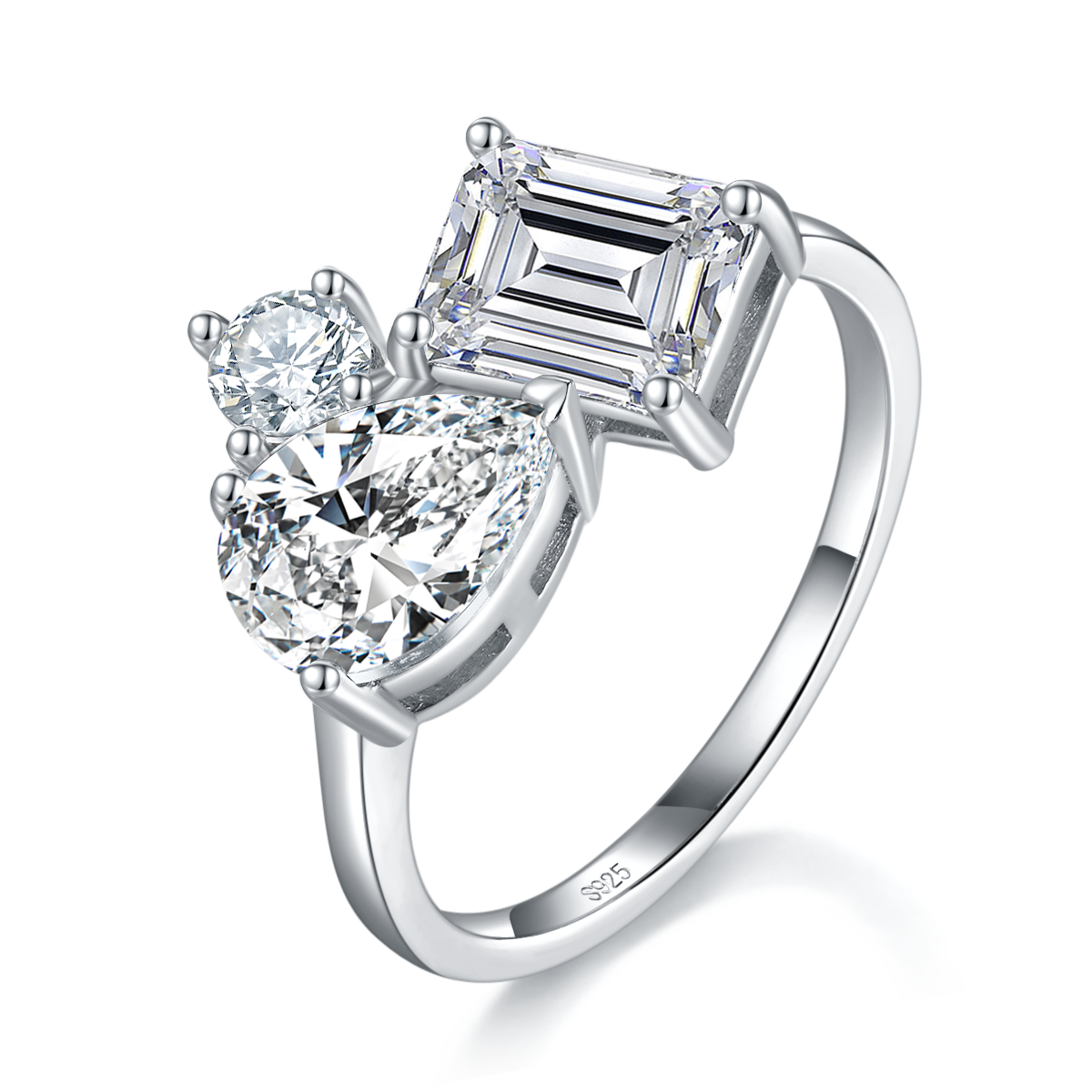 双拼异形钻女戒S925银镀白金定制选款主副石莫桑钻4.0ct