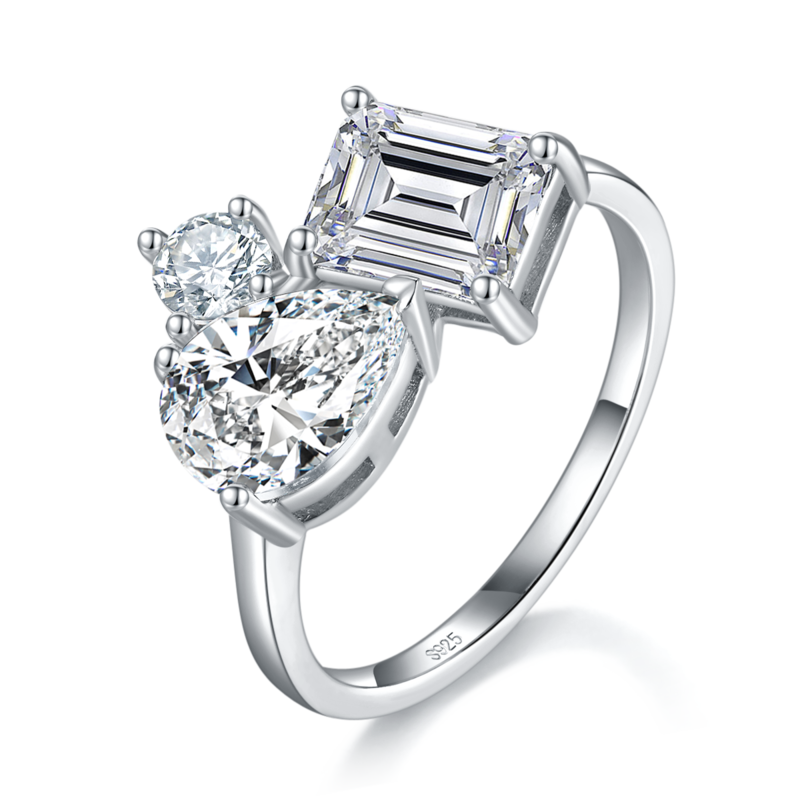 双拼异形钻Women's RingS925银镀白金定制选款主副石Moissanite4.0ct