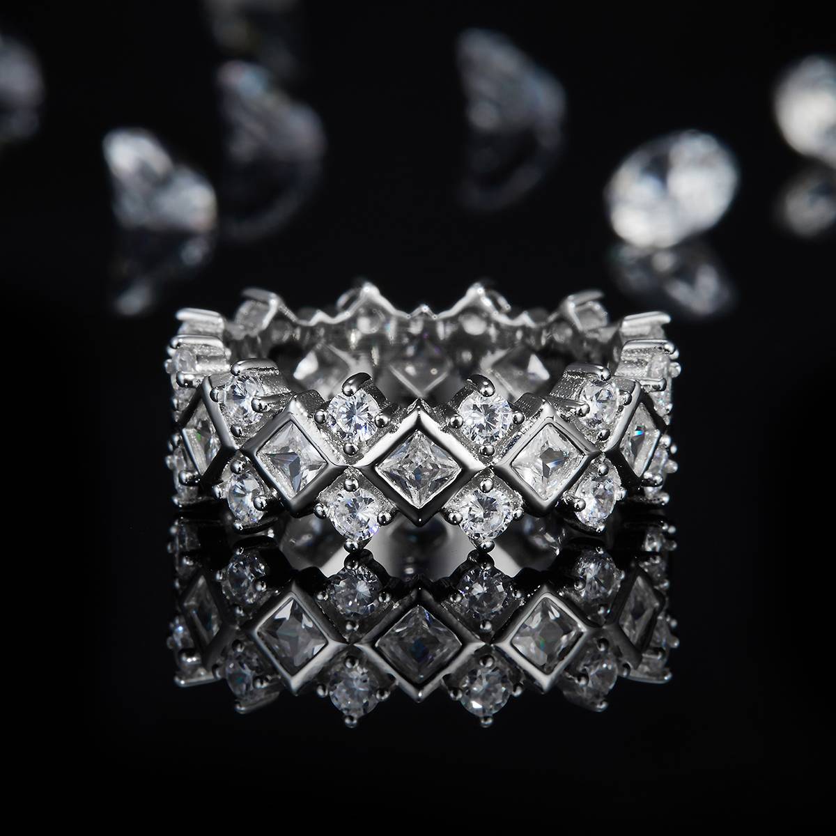 轻奢排戒S925银镀白金女戒定制选款副石莫桑钻2.76ct