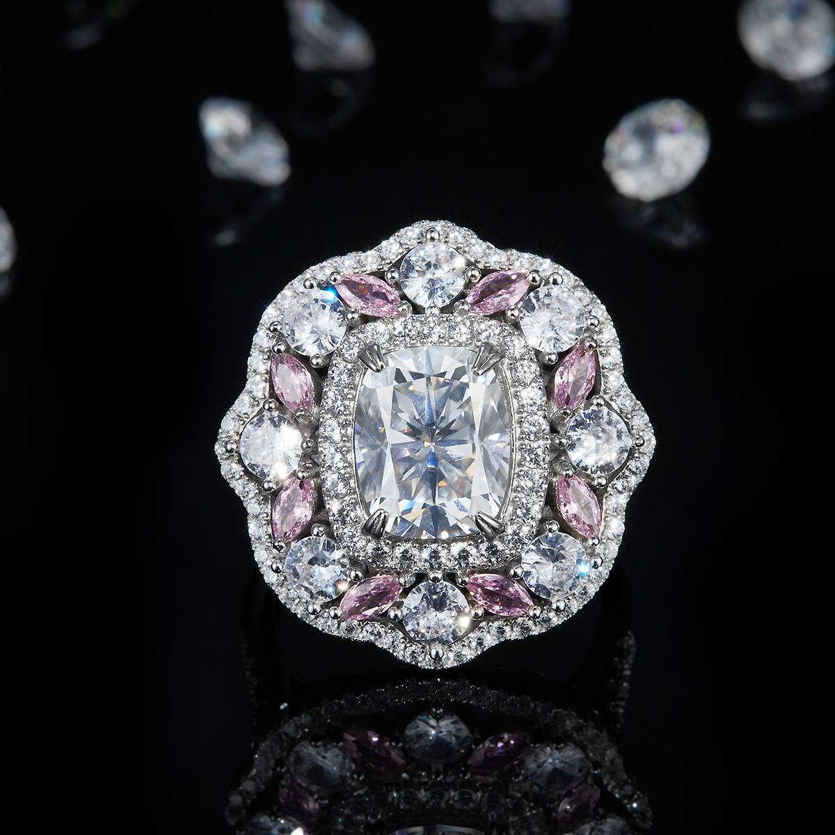 Deluxe Cushion Women's Ring S925 Silver Plated Platinum Customized Selection Moissanite 3.5ct/Side Stone Cubic Zirconia