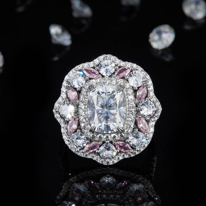 豪镶枕形Women's RingS925银镀白金定制选款Moissanite3.5ct/副石高碳钻