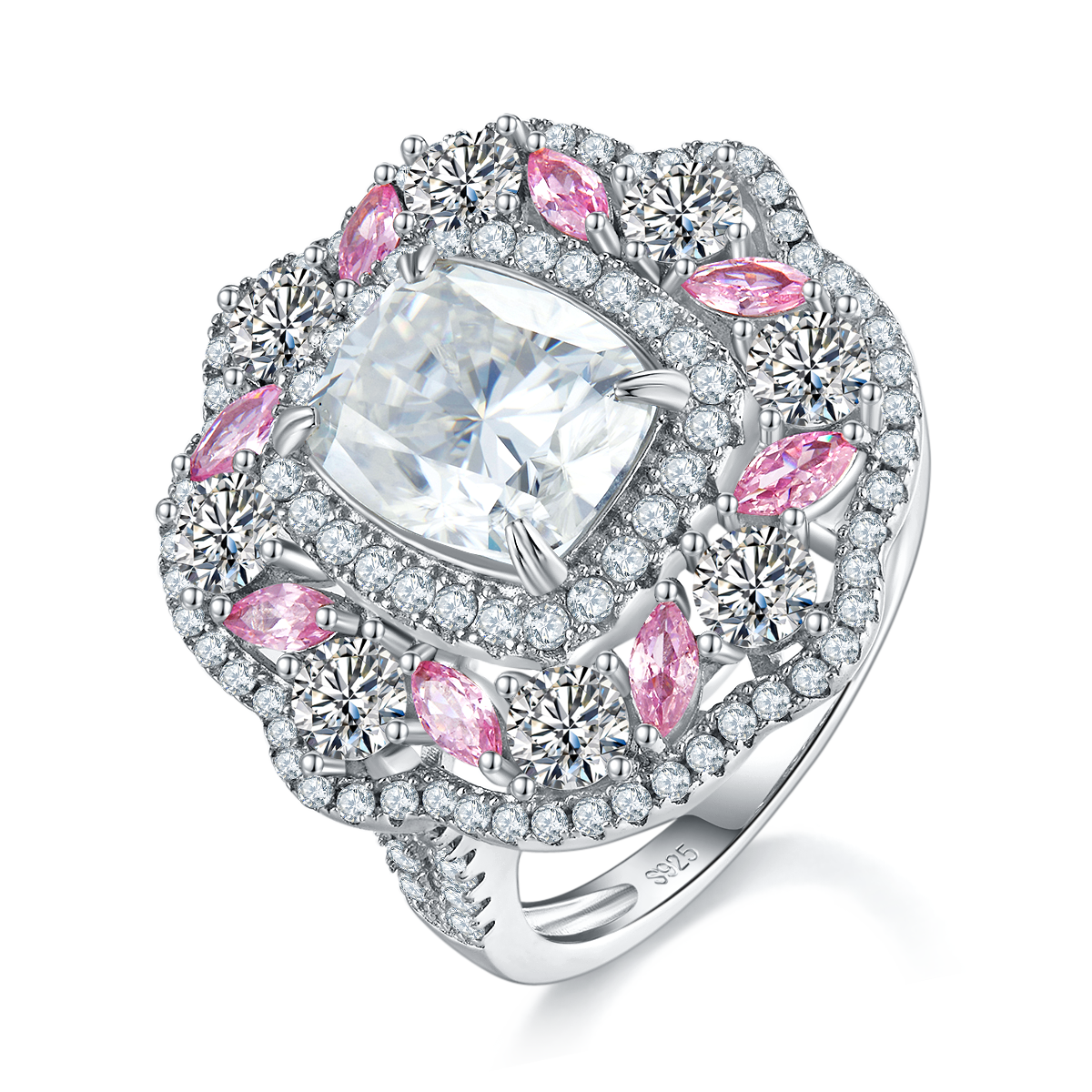 Deluxe Cushion Women's Ring S925 Silver Plated Platinum Customized Selection Moissanite 3.5ct/Side Stone Cubic Zirconia