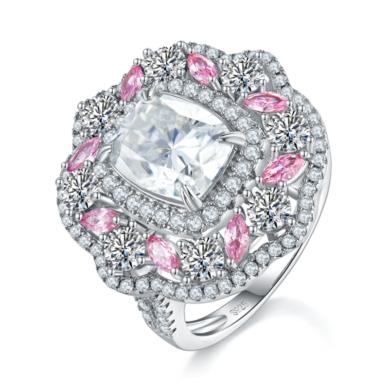 豪镶枕形Women's RingS925银镀白金定制选款Moissanite3.5ct/副石高碳钻