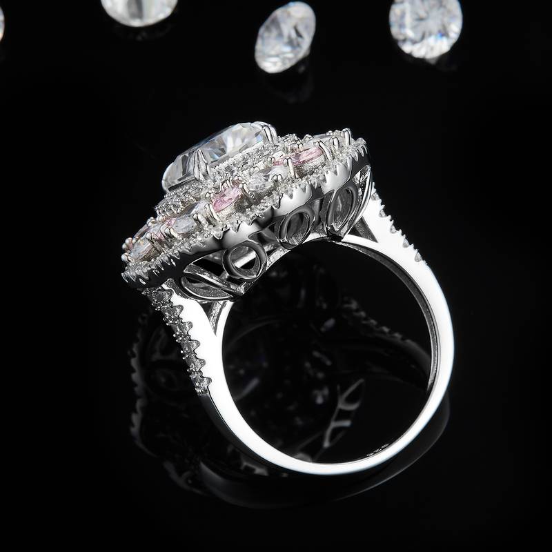 豪镶枕形Women's RingS925银镀白金定制选款Moissanite3.5ct/副石高碳钻