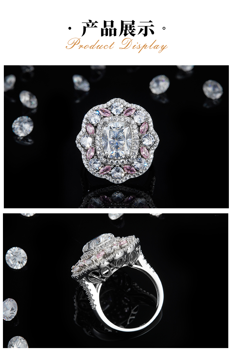 豪镶枕形女戒S925银镀白金定制选款莫桑钻3.5ct/副石高碳钻 - 3