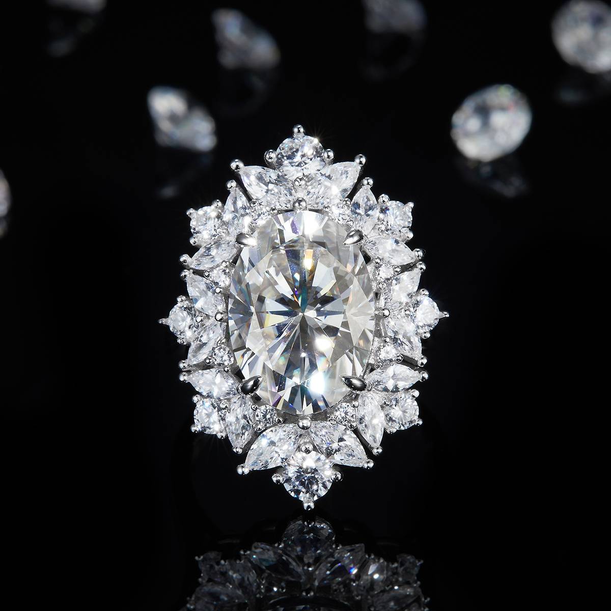 Luxury Full Diamond Oval Women's Ring S925 Silver Plated Platinum Customized Selection Moissanite 8.0ct/Side Stone Cubic Zirconia