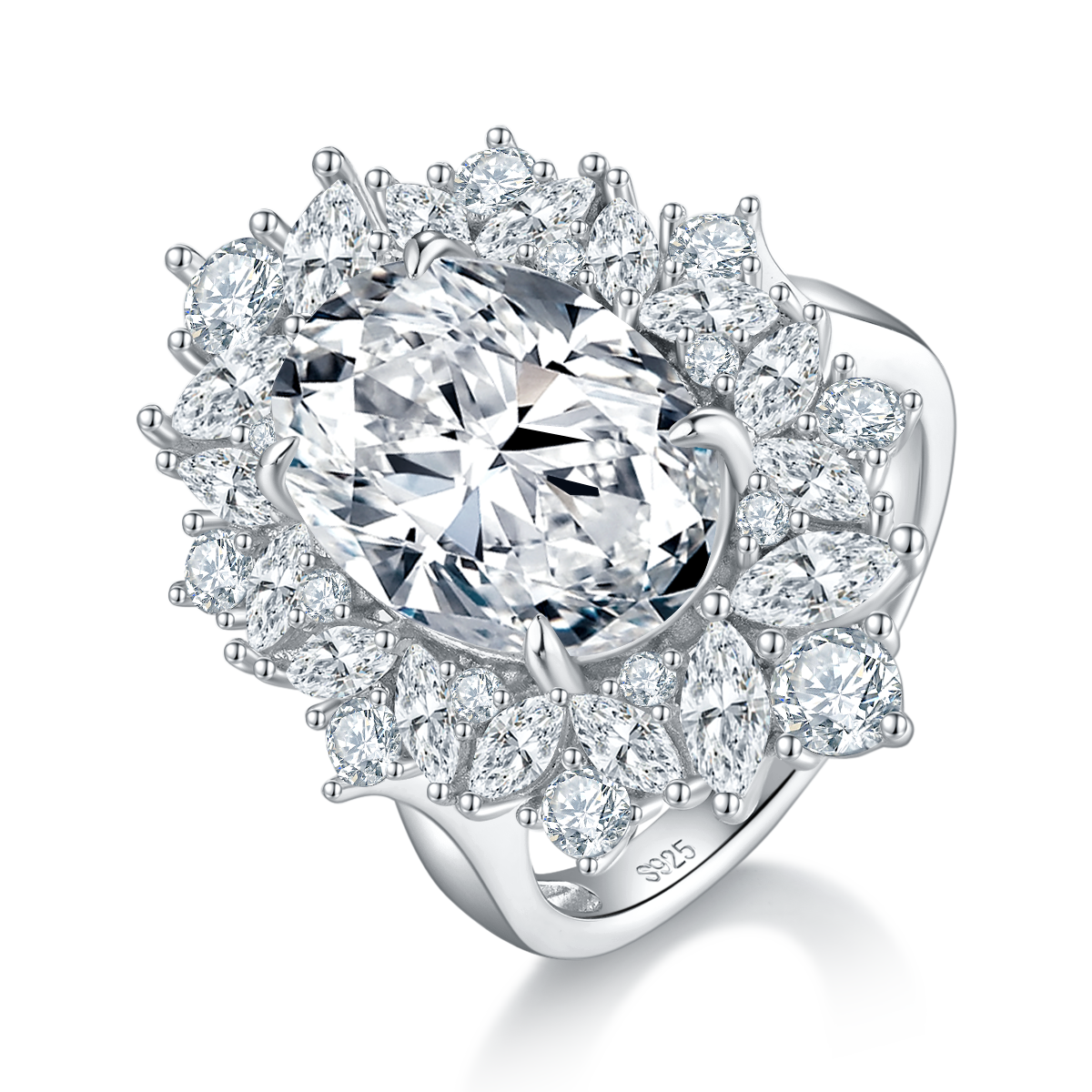 Luxury Full Diamond Oval Women's Ring S925 Silver Plated Platinum Customized Selection Moissanite 8.0ct/Side Stone Cubic Zirconia