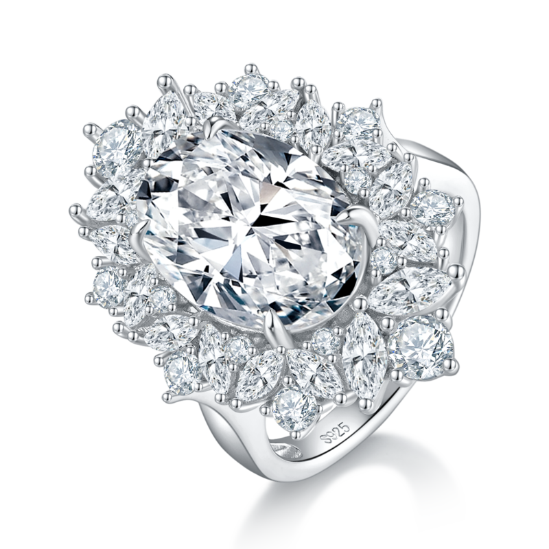 豪华满钻蛋形Women's RingS925银镀白金定制选款Moissanite8.0ct/副石高碳钻