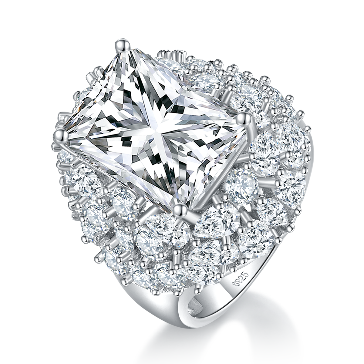 豪华祖母绿切割女戒S925银镀白金定制选款莫桑钻10.0ct/副石高碳钻