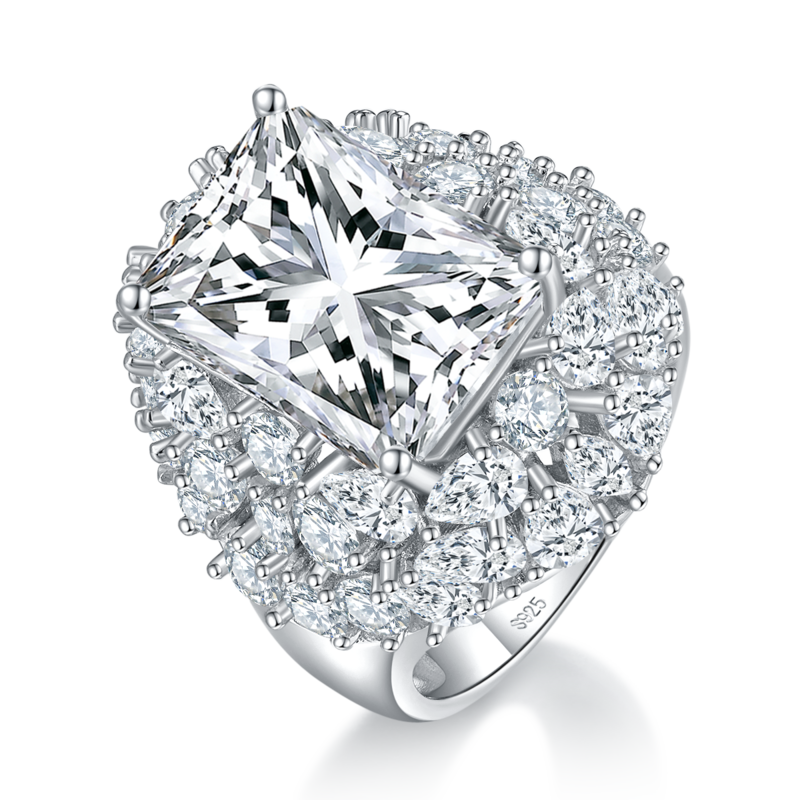 豪华祖母绿切割女戒S925银镀白金定制选款莫桑钻10.0ct/副石高碳钻