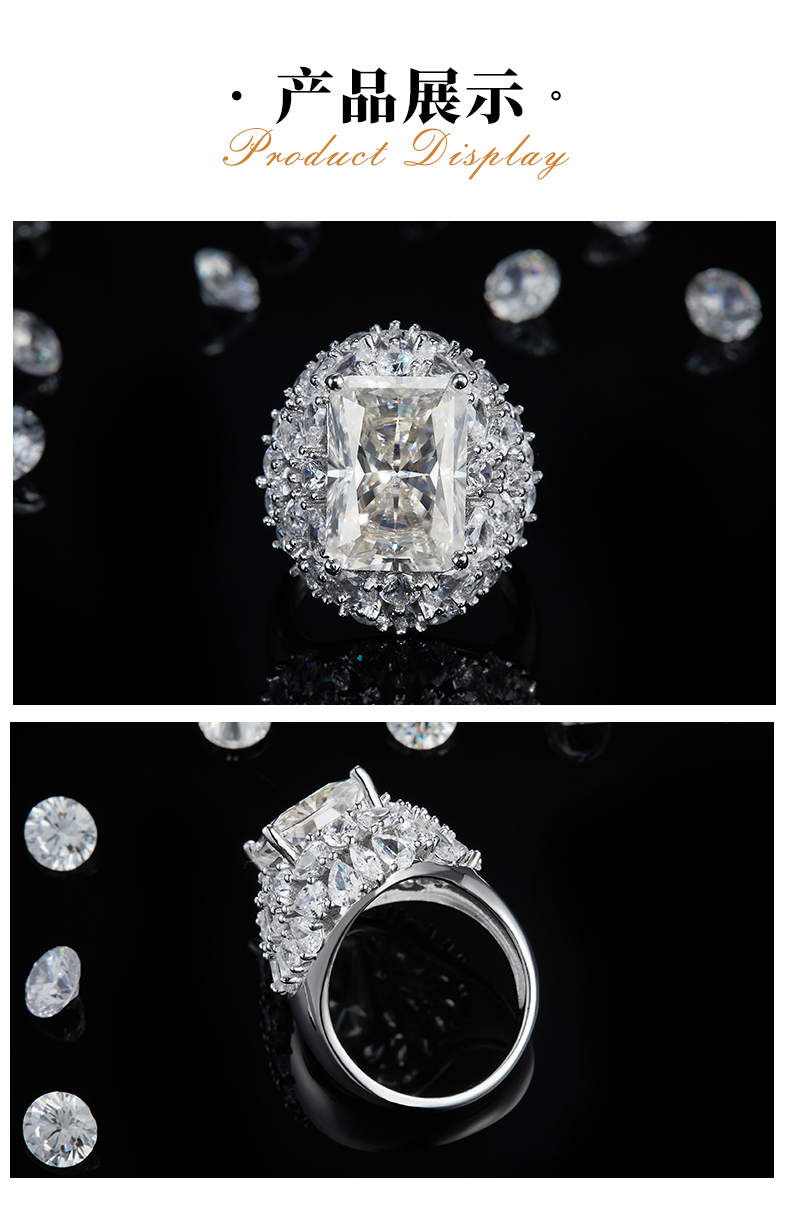 豪华祖母绿切割女戒S925银镀白金定制选款莫桑钻10.0ct/副石高碳钻 - 3