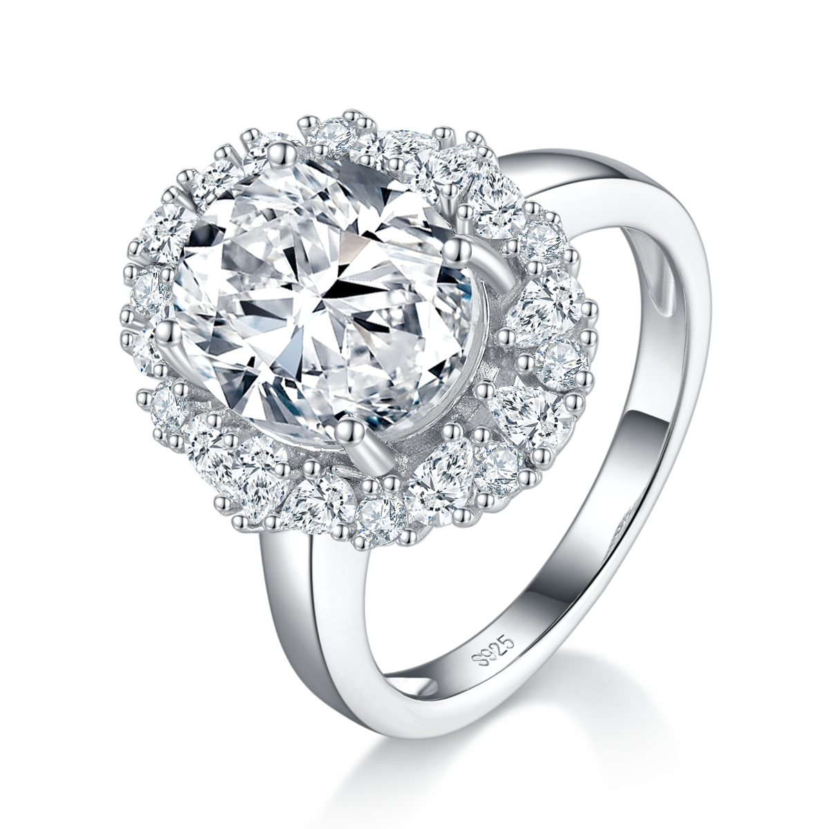 光臂奢华蛋形女戒S925银镀白金定制选款莫桑钻4.5ct/副石高碳钻