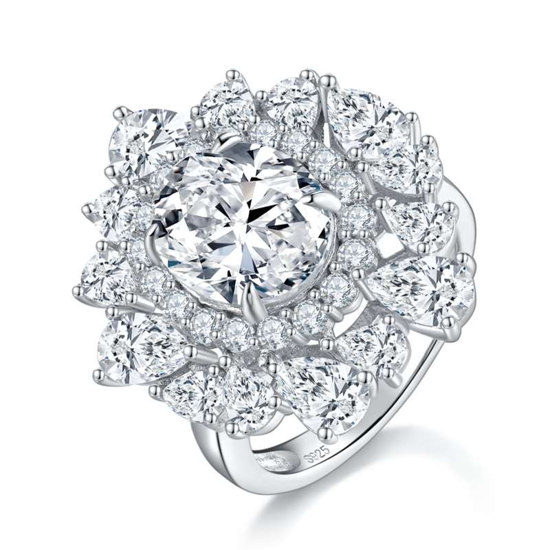 满钻围镶鸽子蛋Women's RingS925银镀白金定制选款Moissanite5.0ct/副石高碳钻