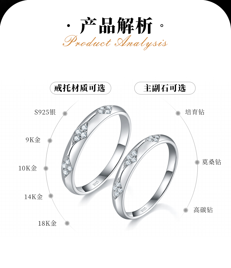 简约时尚款S925银镀白金情侣对戒定制选款副石莫桑钻0.1ct - 2
