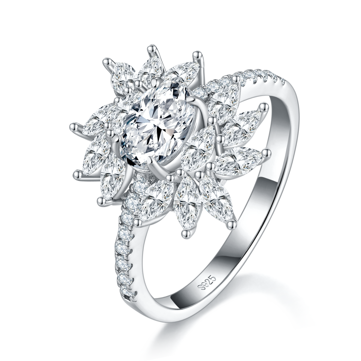 太阳花蛋形女戒S925银镀白金定制选款主石莫桑钻1.0ct/副石高碳钻