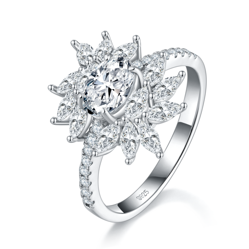 太阳花蛋形女戒S925银镀白金定制选款主石莫桑钻1.0ct/副石高碳钻