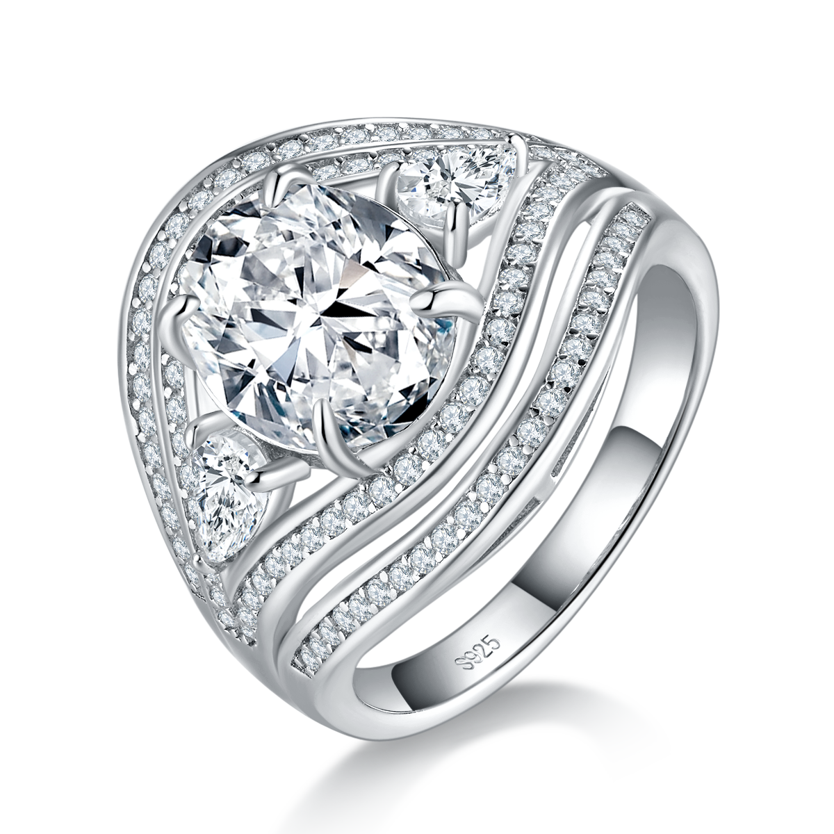 Full Diamond Light Luxury Oval Women's Ring S925 Silver Plated Platinum Customized Selection Main Stone Moissanite 3.0ct/Side Stone Cubic Zirconia