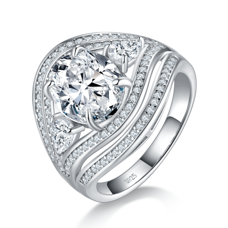 满钻Affordable Luxury蛋形Women's RingS925银镀白金定制选款主石Moissanite3.0ct/副石高碳钻