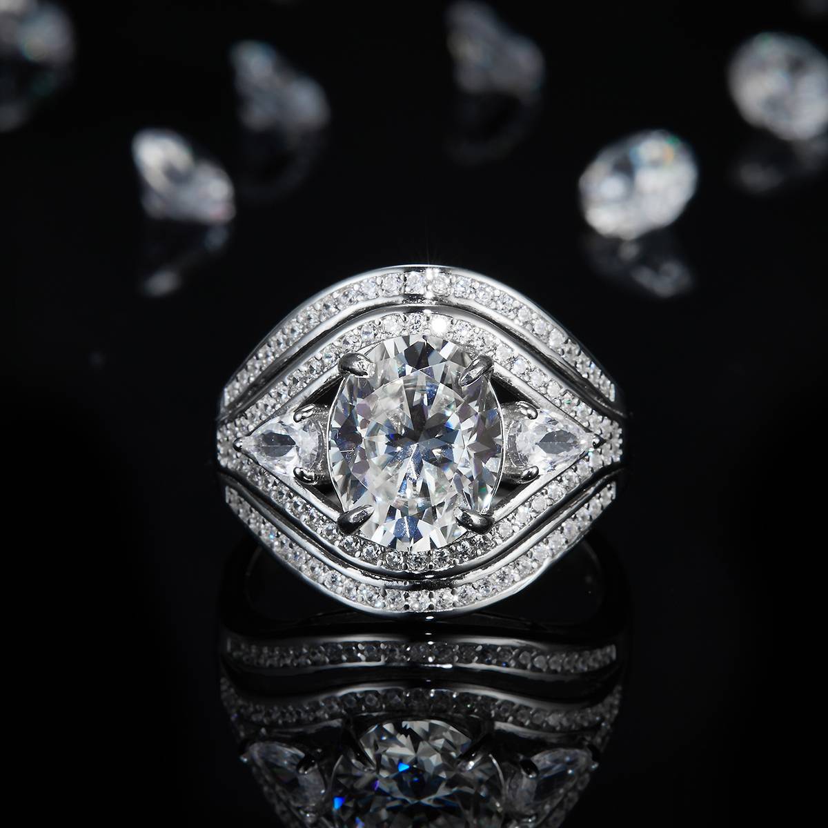 Full Diamond Light Luxury Oval Women's Ring S925 Silver Plated Platinum Customized Selection Main Stone Moissanite 3.0ct/Side Stone Cubic Zirconia
