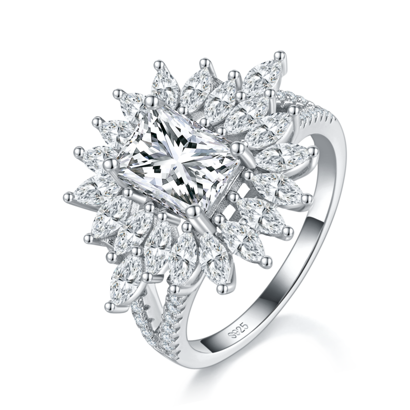 满钻祖母绿切割Women's RingS925银镀白金定制选款主石Moissanite2.5ct/副石高碳钻